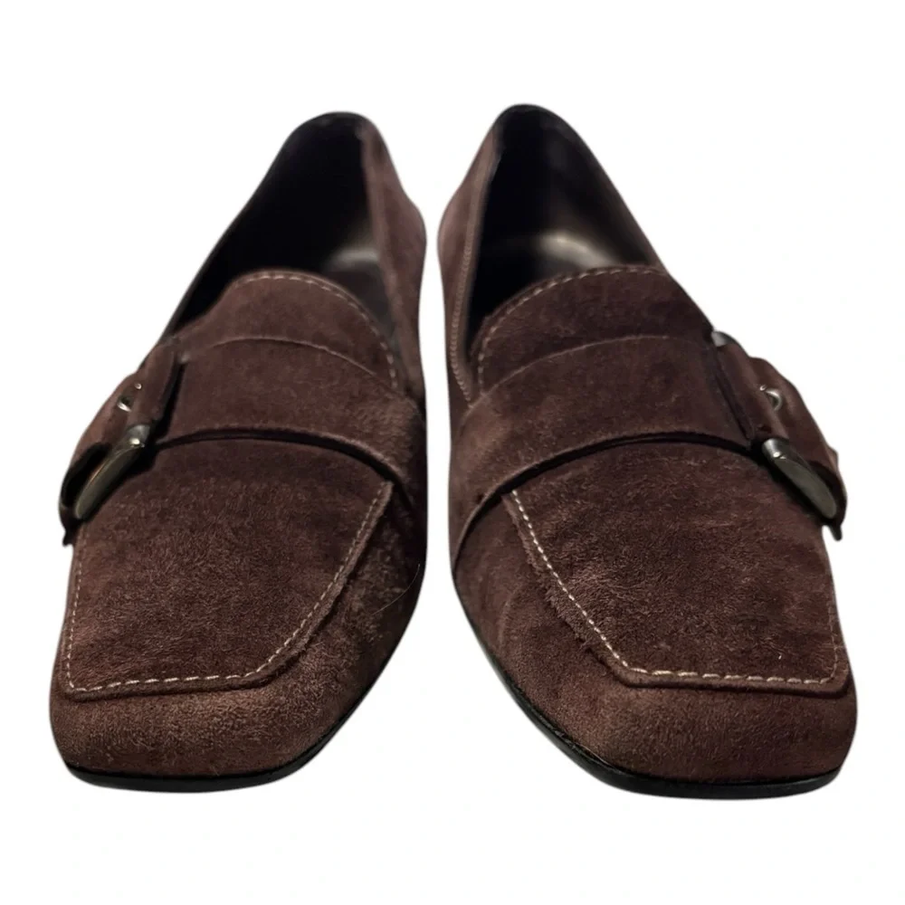 Stuart Weitzman Brown Suede Loafers Silver Buckle Kitten Heel Pumps Size 7.5 M - Picture 4 of 14